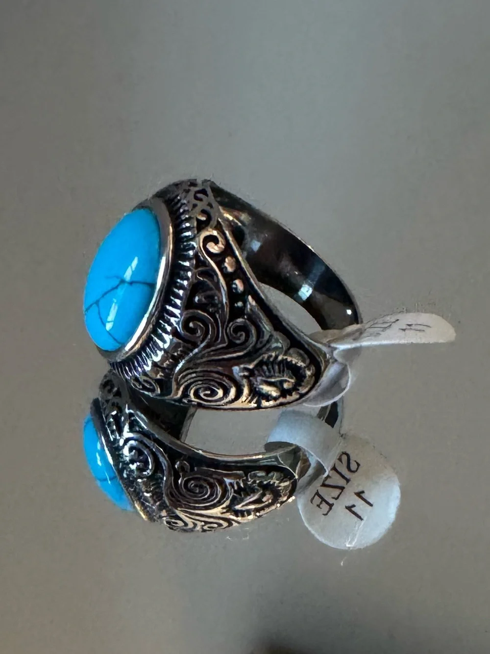Western Turquoise Statement Ring Size 11 Silver Tone Engraved Oval Cabochon
